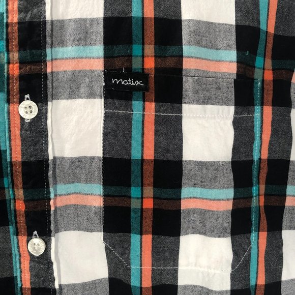Matix brand green orange black white plaid dress shirt Mens Large fits Medium M - Picture 2 of 6
